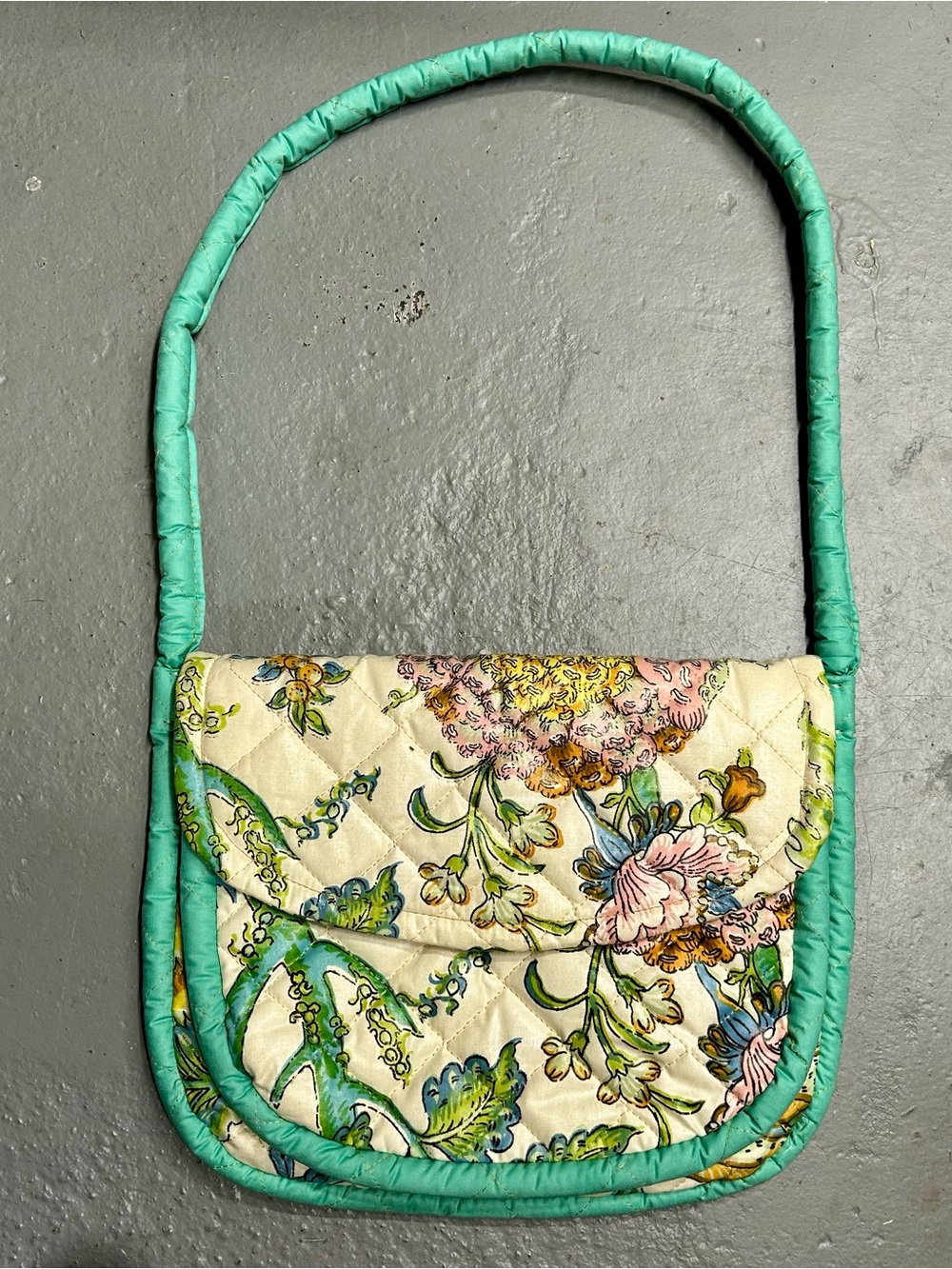Vintage Floral Quilted Purse Bag in Teal Trim